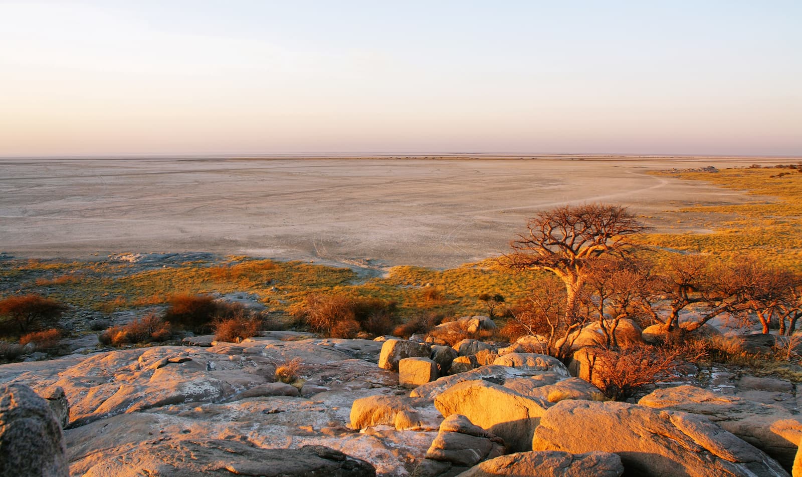 Felsen und Baobabs auf Kubu Island über der Makgadikgadi-Salzpfanne im Abendlicht