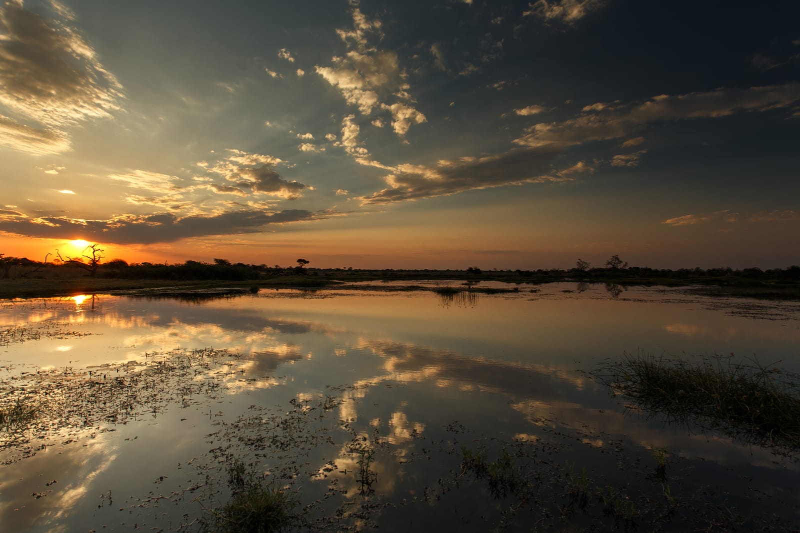 Sonnenuntergang über einer Lagune im Okavango-Delta